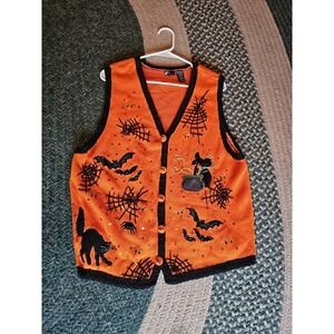 VTG 90s Halloween Embroidered Sweater Cardigan Vest Embellished Witch Cat Web